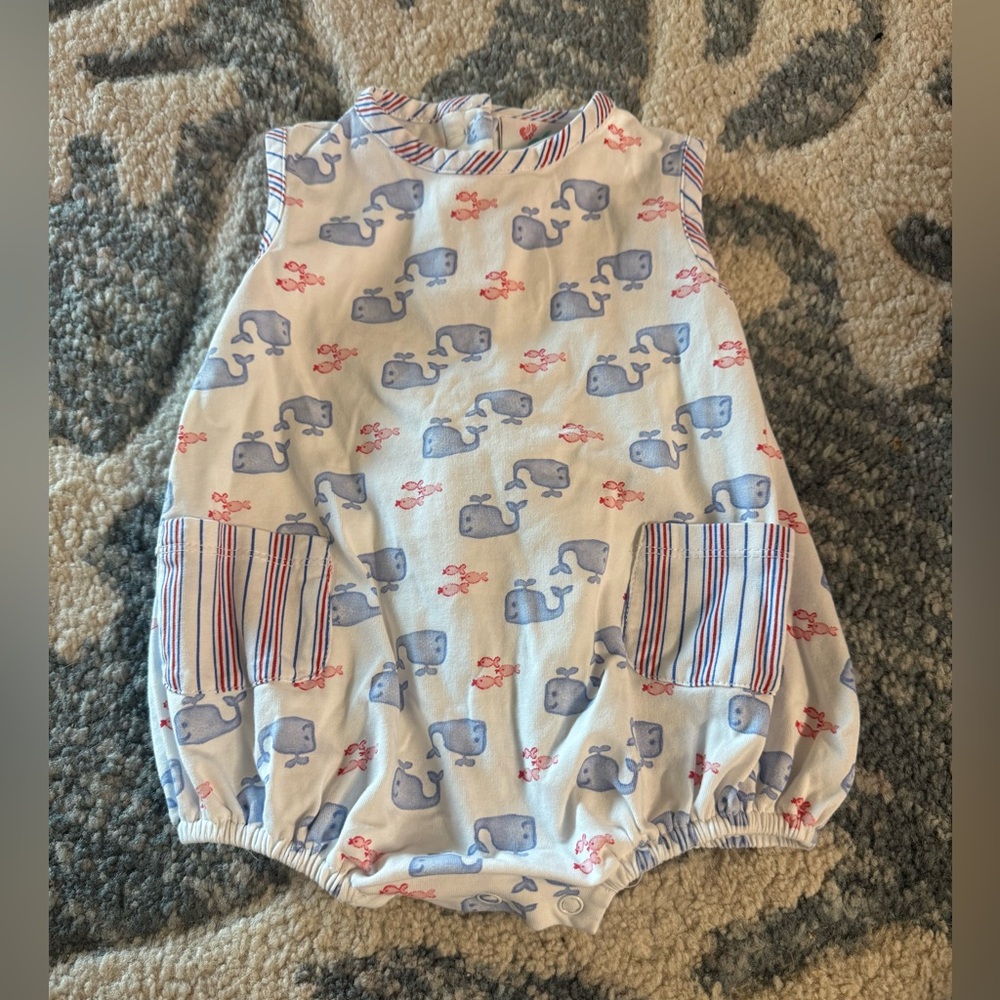 Shrimp & Grits Baby Bubble Romper 3 Months Whales and Fish Red/Blue 100 Cotton